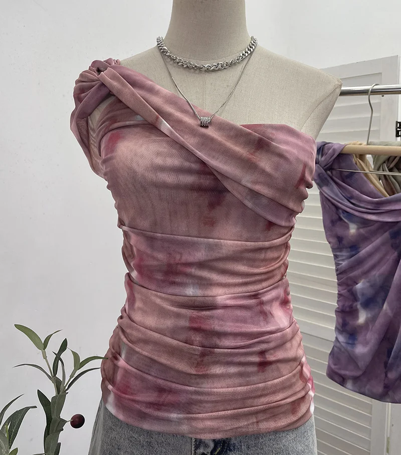 Churchf Net Yarn Printed Slanted Shoulder Sling Vest Retro Design Folding Temperament Short Blouse 8009