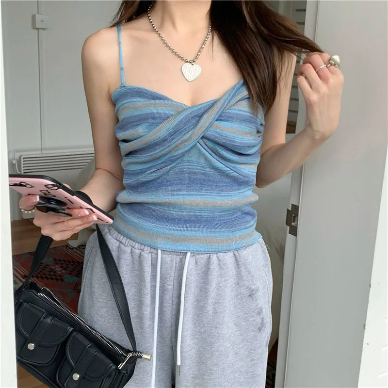 Uveng Uveng Sense Of A Small Color Stripe Small Sling Vest Women In The Summer 2023 Short Sexy Knitting Blouse Tide