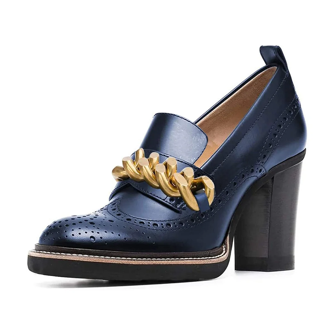 Navy Vegan Leather Perforated Chunky Heel Women's Loafers With Chain