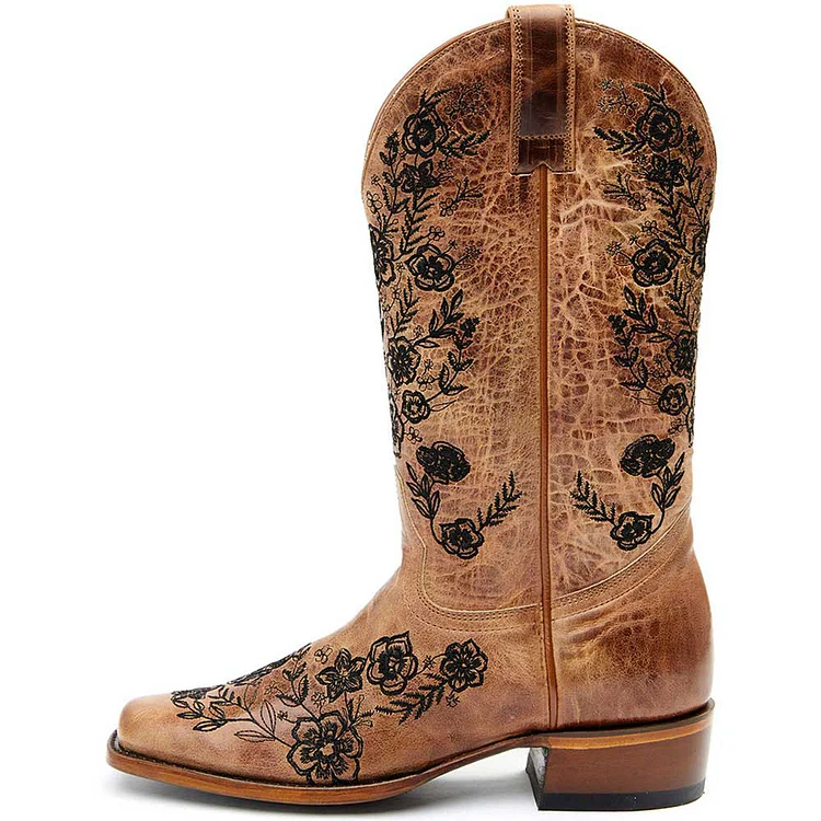 Brown Square Toe Vintage Shoes Wildflower Mid-Calf Cowgirl Boots |FSJ Shoes