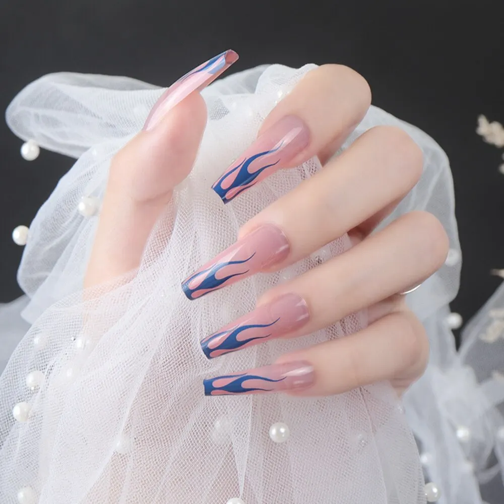 24Pcs Detachable Long Ballerina French False Nails With Design Leopard Wearable Fake Nails Wavy Line Flame Full Cover Nail Tips-Nail Inspo