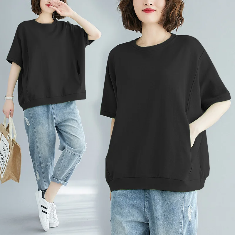 Brownm Brownm Size Add Fat Women's Clothing 200 Jin 2024 Summer Loose Large Size Cover Meat Show Thin Jacket Pure Color Round Collar Short Sleeve T-Shirt