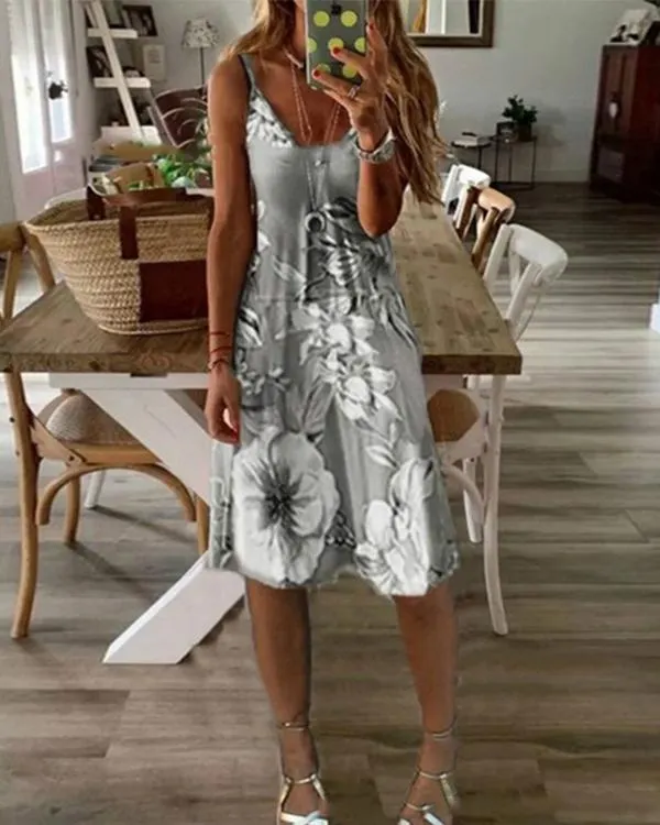 Women's Sundress Knee Length Dress Sleeveless Floral Print Summer Dress