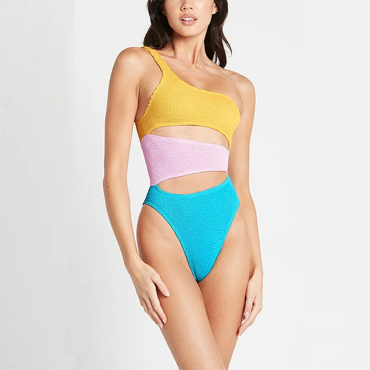 Pitted Fabric Color Block Cutout One Piece Swimsuit
