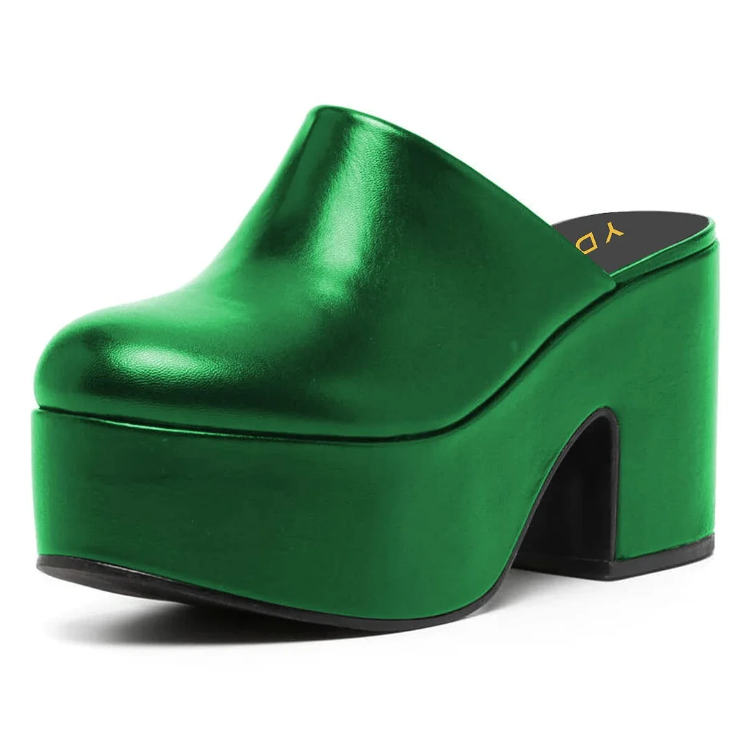 Simple Round Toe Block Heel Platform Mules Shoes in Green