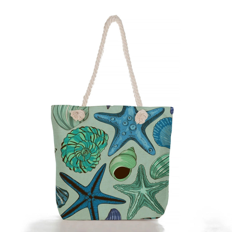 Women’s Medium Linen Starfish Beach Shell Beach Classic Style Square Zipper Tote Bag Beach Bag