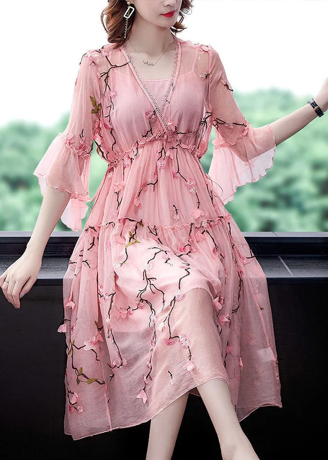 Elegant Pink Ruffled Embroideried ChiffonSilk Maxi Dresses Flare Sleeve