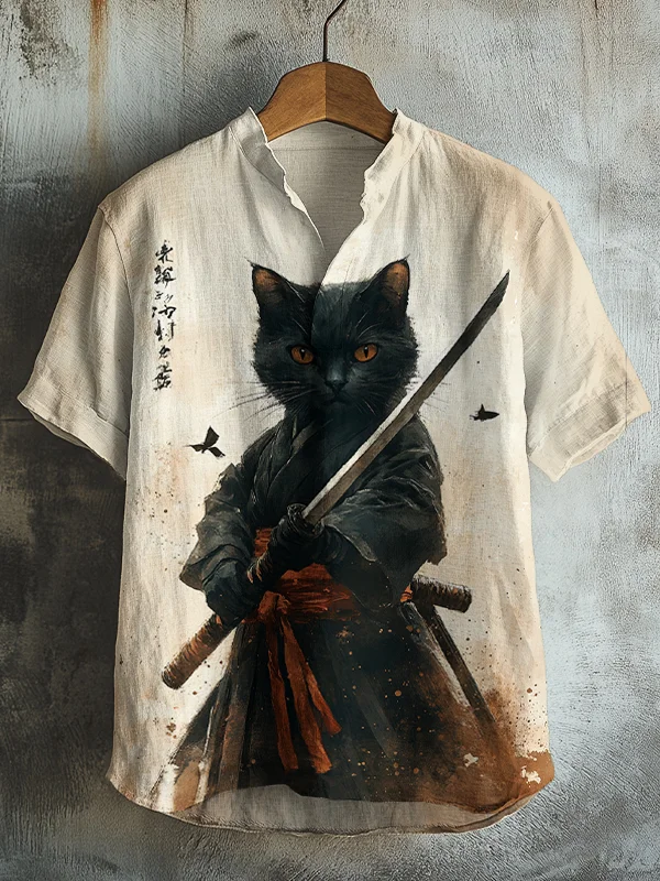 Men's Black Cat Samurai Japanese Art Print Casual V Neck T-Shirt