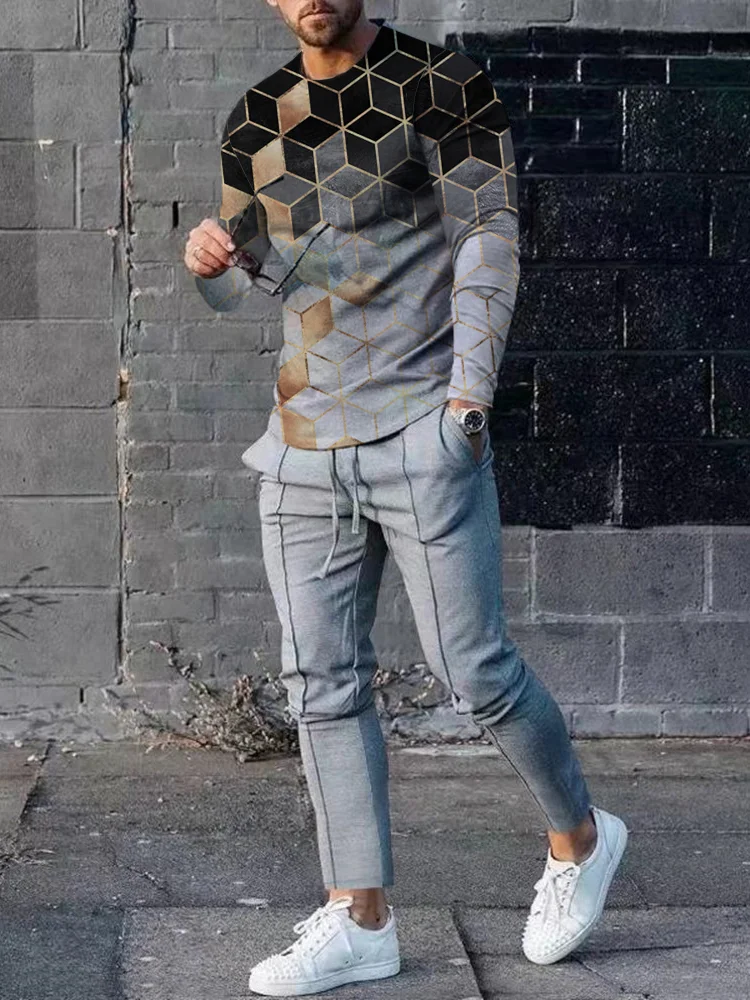 Men's fashion casual gray print long sleeve two-piece set