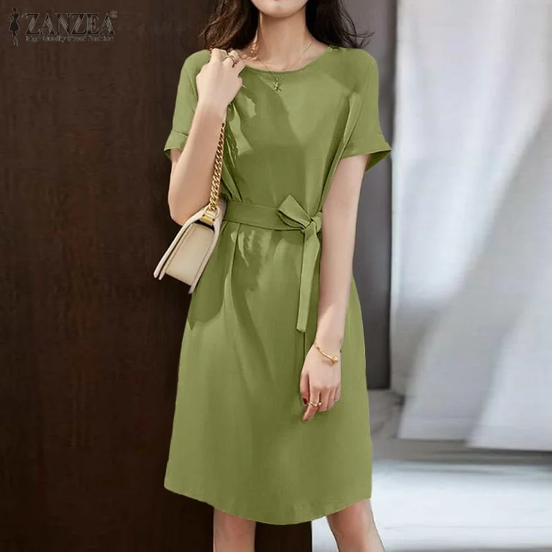 Women's Summer Sundress Belted ZANZEA 2022 Elegant Solid Dress Short Sleeve Knee Length Vestidos Female Basic Robe Oversized