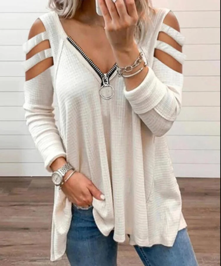 Fashion Zip V-neck Long Sleeve Off Shoulder Loose T-shirt