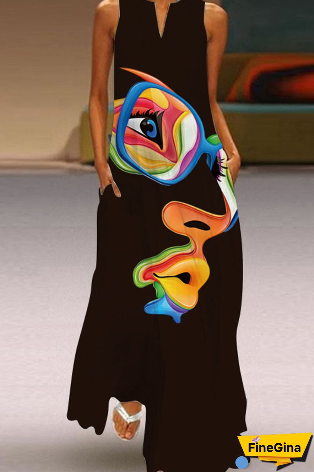 Yellow And Blue Casual Elegant Print Patchwork V Neck A Line Dresses