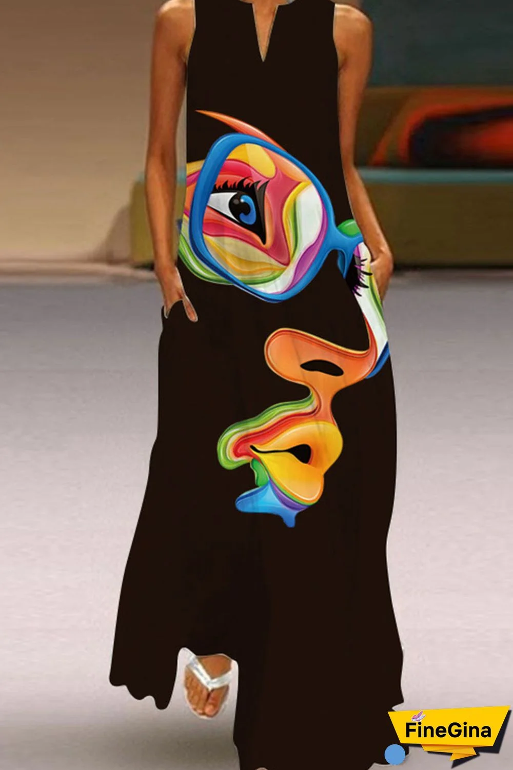 Yellow And Blue Casual Elegant Print Patchwork V Neck A Line Dresses