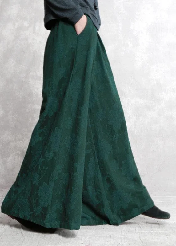 Bohemian Green Jacquard Pockets Fall Wide Leg Pants