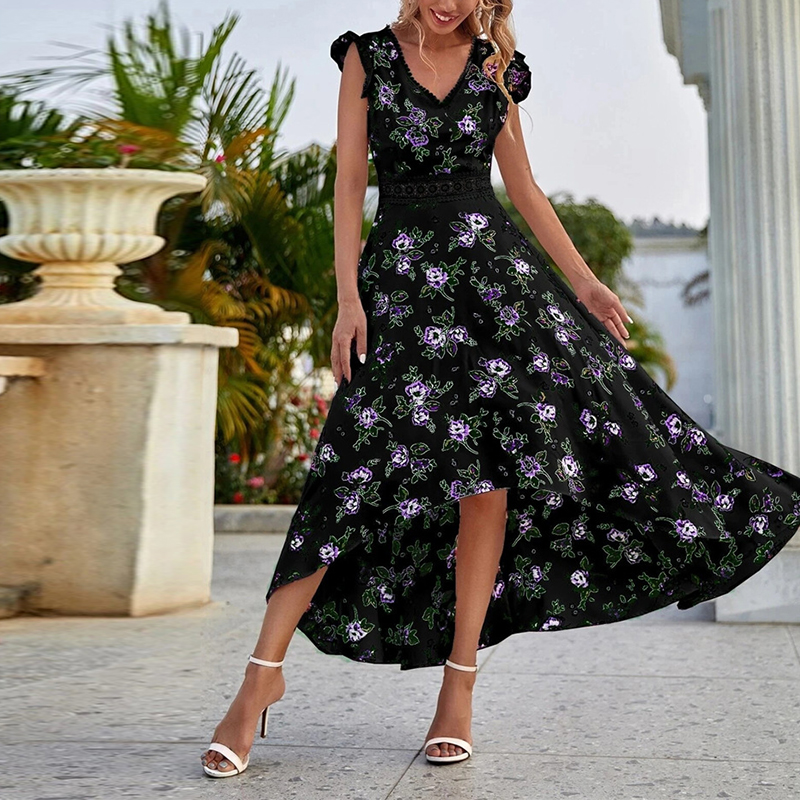 Women's Floral Printed V Neck Casual Boho Maxi Dress