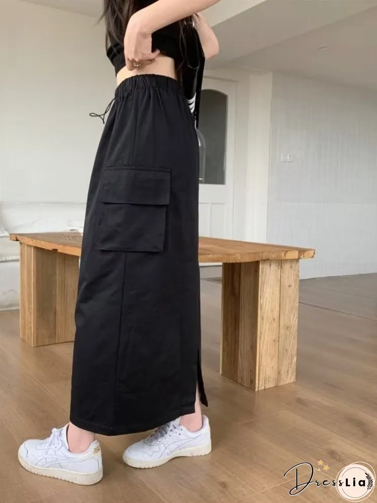 Joskka Long Cargo Skirt Women Korean Casual Split Drawstring Elastic Waist Pocket