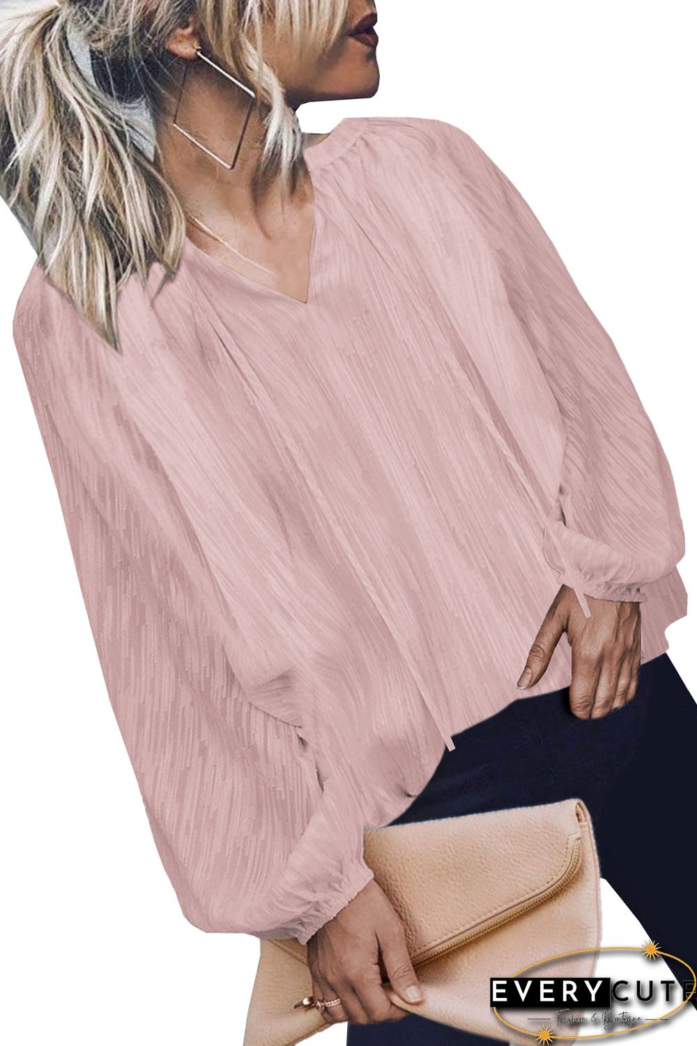 Pink V Neck Lantern Sleeve Textured Solid Top