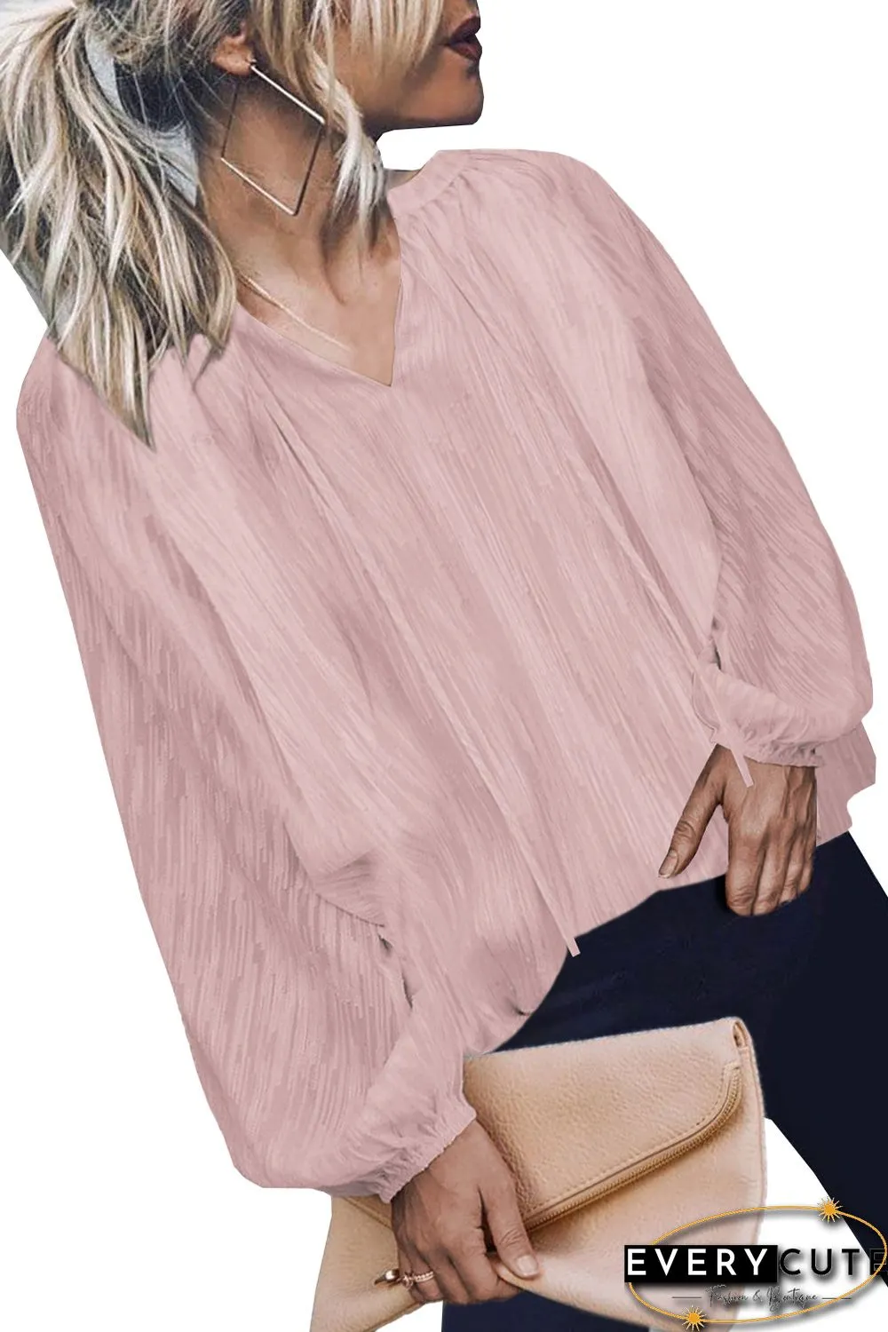 Pink V Neck Lantern Sleeve Textured Solid Top