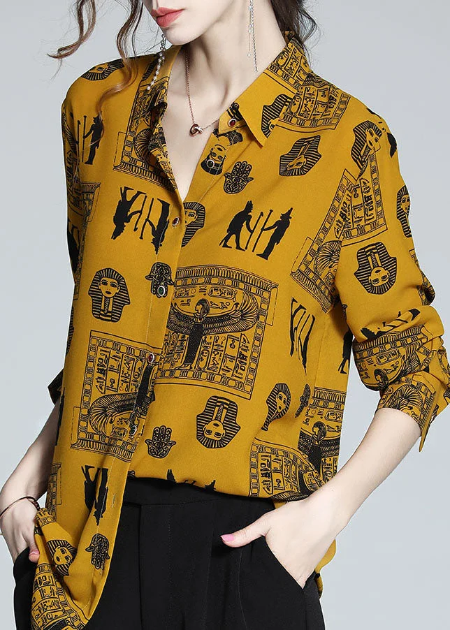 Cozy Yellow Peter Pan Collar Print Silk Shirt Top Spring