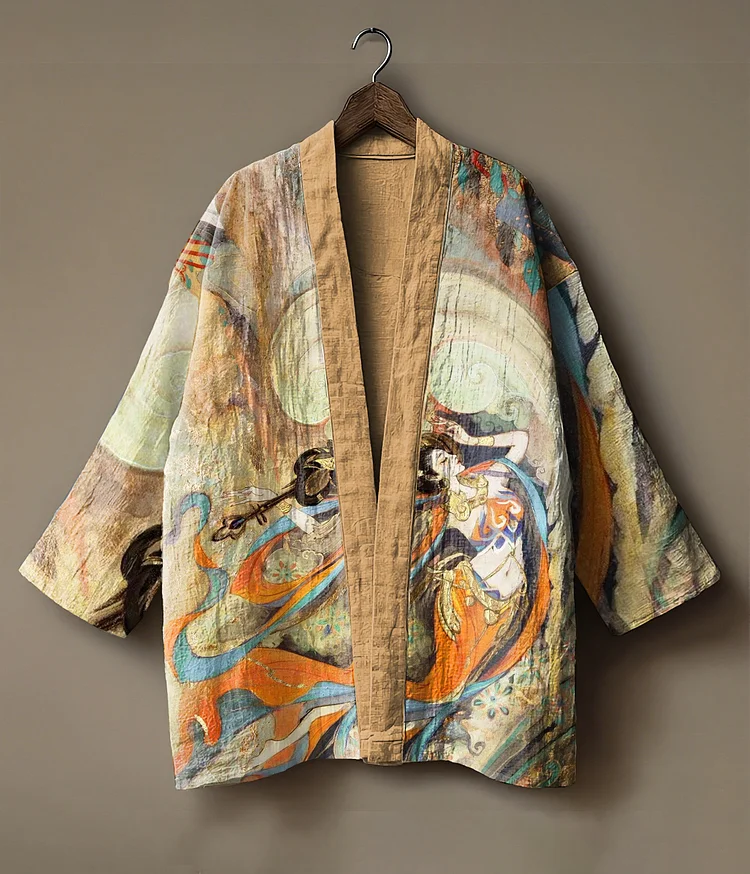 Abstract print embroidered linen cardigan kimono