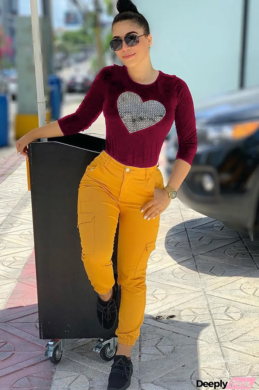 Wine Red Polyester O Neck Long Sleeve diamonds Long Sleeve Tops