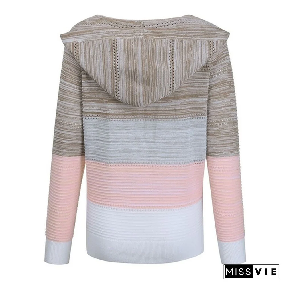 New Fashion Stitching V-neck Hooded Sweaters for Women Autumn Hollow-out Knitted Sweater Color Block Pullover Hoodies Coat