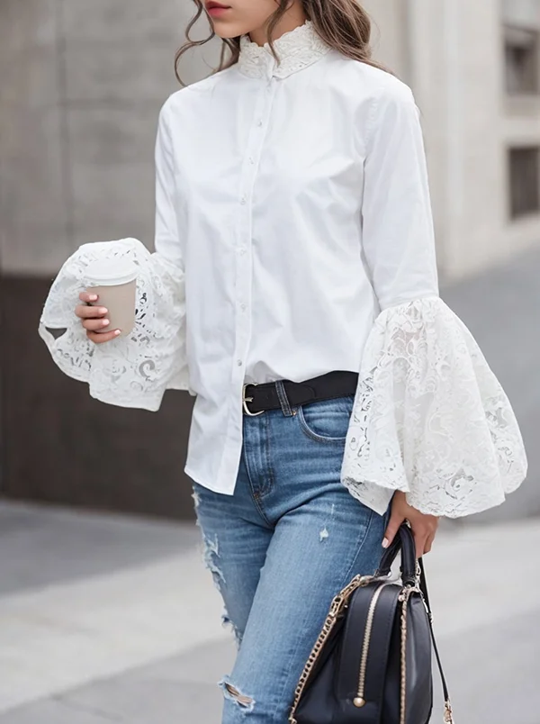 Long Sleeves Loose Buttoned Solid Color Split-Joint Mock Neck Blouses&Shirts Tops