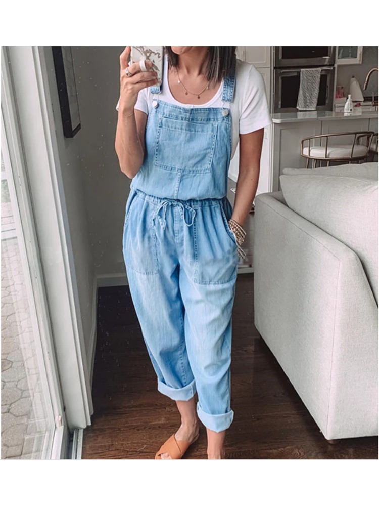 Women's Fashionable Denim Camisole Pants Loose and Casual Elastic Drawstring Waist Jumpsuit Versatile Daily Pants