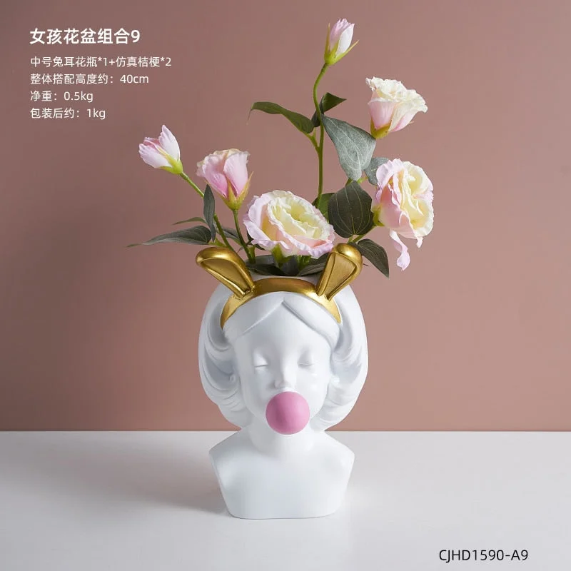 Nordic style girl flower pot plant resin flower pot rabbit ear/cat ear girl potted modern living room decoration decoration gift