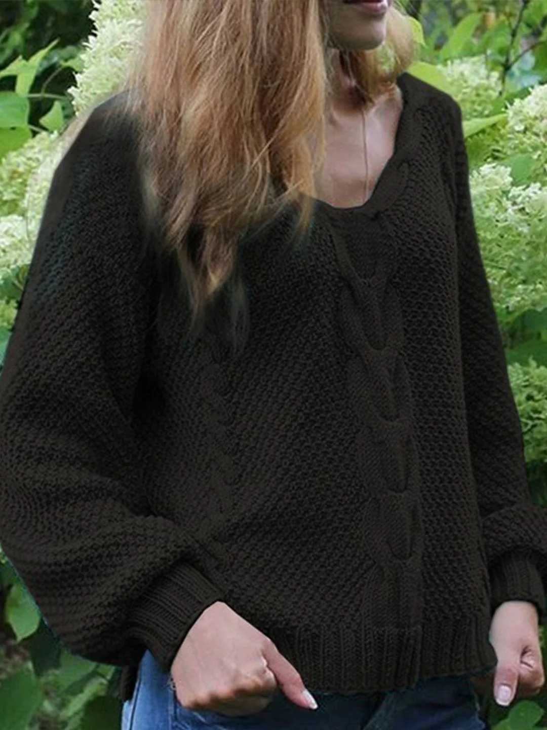 Casual Plain Knitted V-neck Long Sleeve Sweater | EGEMISS