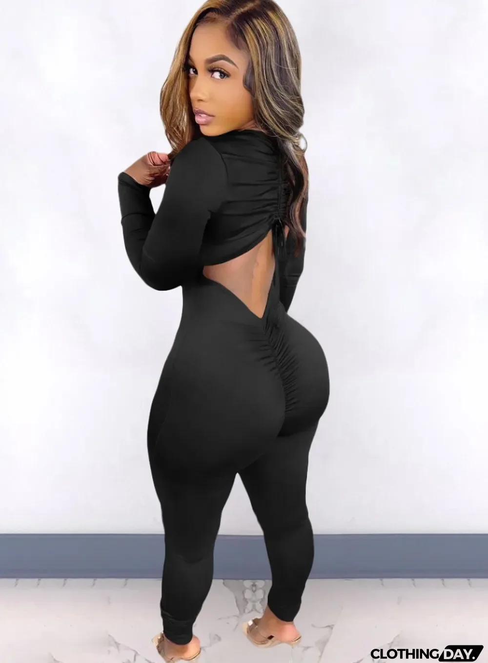Spring Black Sexy Cut Out Scrunch Long Sleeve Party Jumpsuit