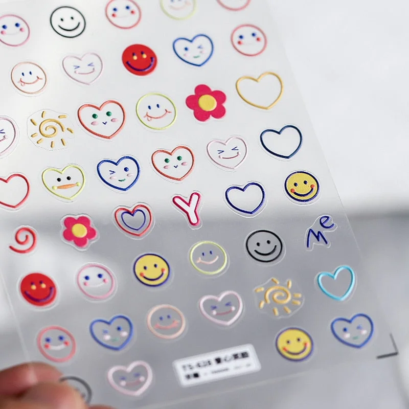 1 Sheet 5D High Quality Ultra-Thin Adhesive Smiley Nail Art Stickers Spring and Summer Cute Smile DIY Manicure Decal Decoration-Nail Inspo