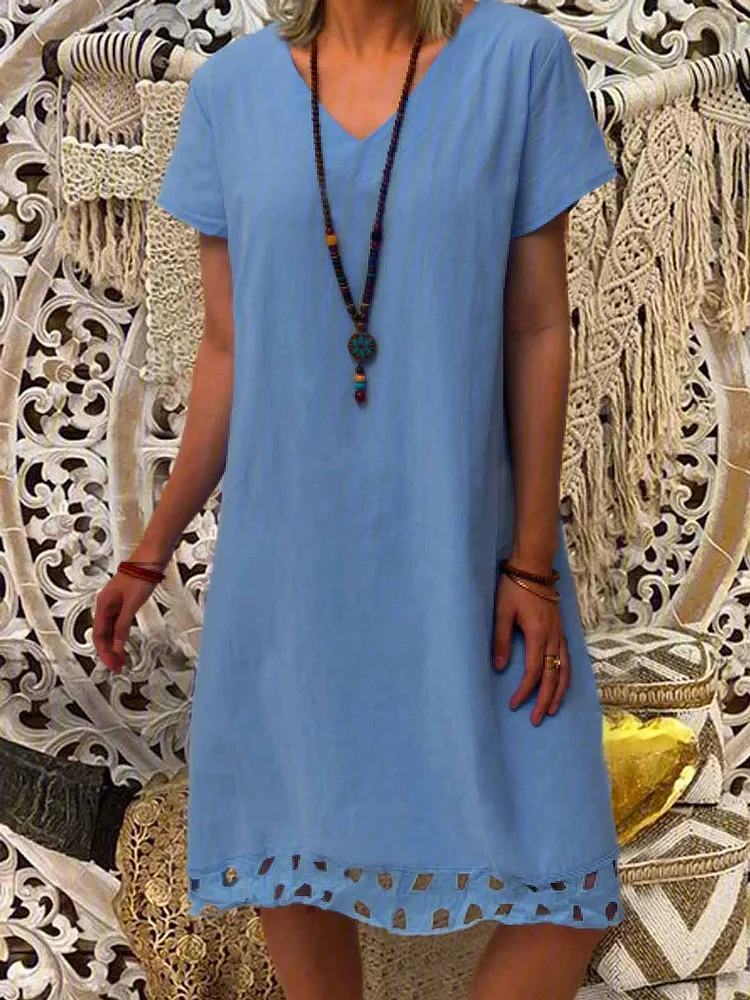 Hollow Cotton-Blend A-Line V Neck Casual Short Sleeve Dresses-Mayoulove