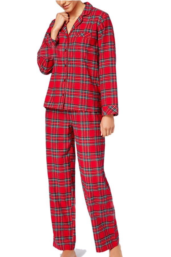 Womens Long Sleeve Striped Family Christmas Pajama Set Red-elleschic