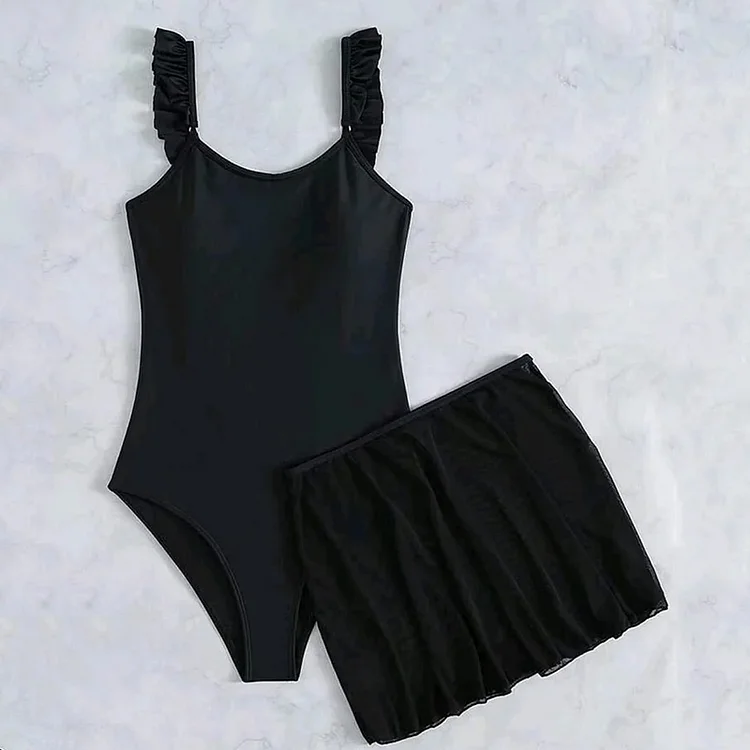 Ruffle Printed Backless One Piece Swimsuit and Skirt