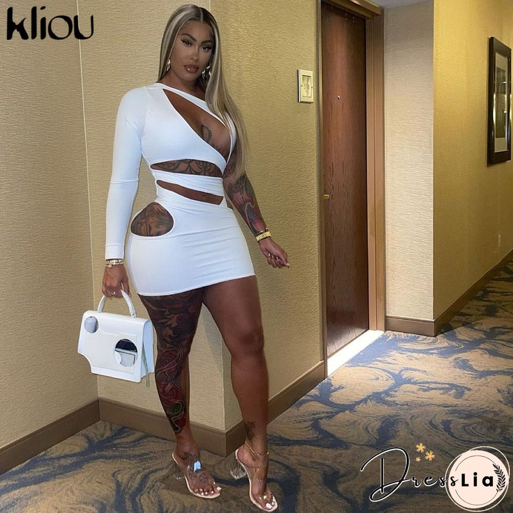 Kliou Sexy Charming Mini Dress Women Sheath Cut Off Hollow Out Cleavage Single Side Long Sleeve Diagonal Collar Party Clubwear