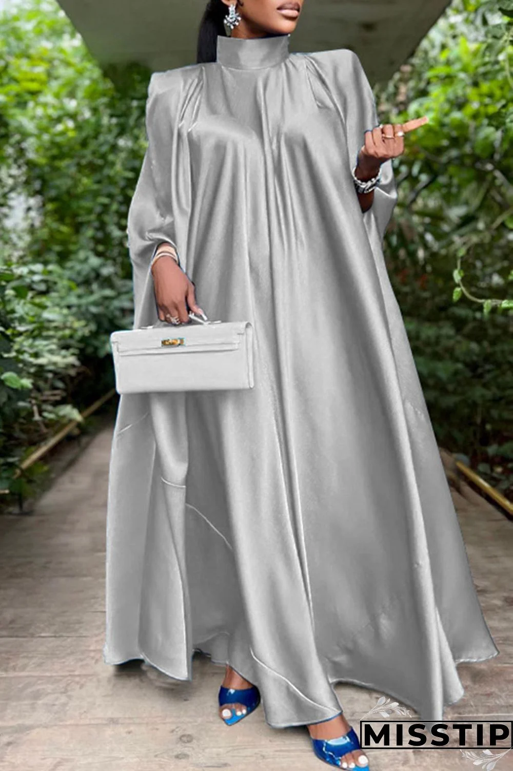 Blue Casual Solid Patchwork Turtleneck Straight Dresses