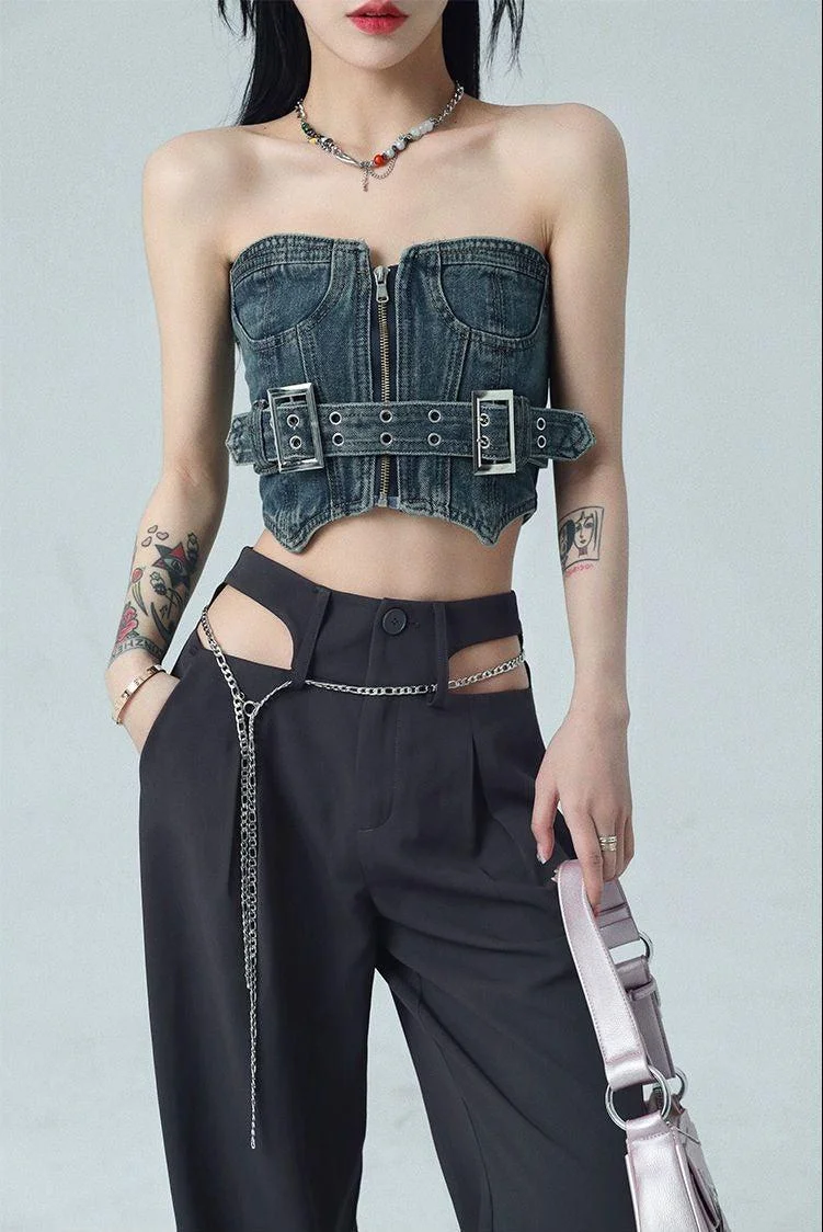 Brownm Crop Denim Tube Top