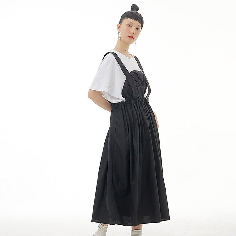 French Solid Color Straps Pleated Skirt 