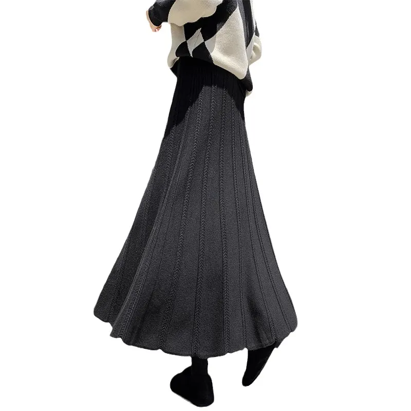 Churchf Churchf And Winter New Casual Wool Big Place Skirt Thread Thickened Tall Waist A-Word Skirt Black Skirt Female Knit Skirt