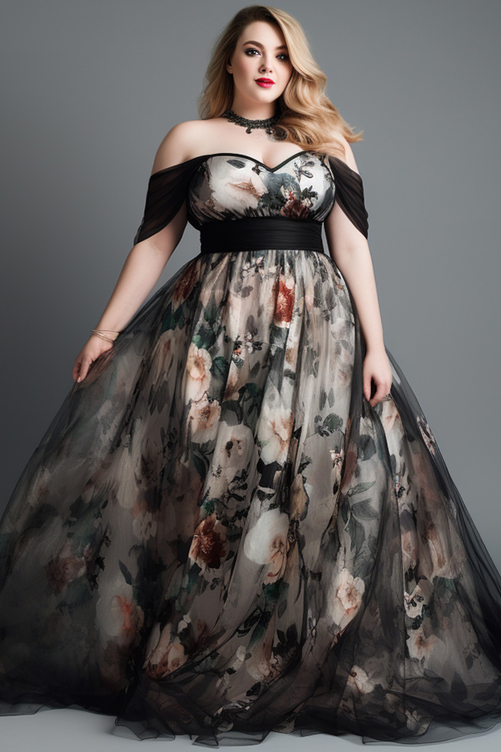 Flycurvy Plus Size Wedding Guest Black And White Mesh Floral Print Off The Shoulder Maxi Dress