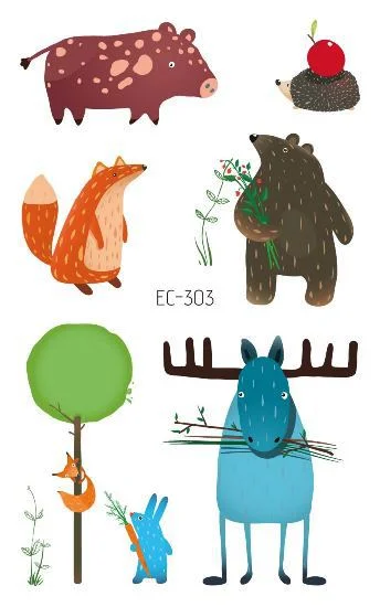 24 kinds Cartoon Animals Temporary Tattoo Stickers for Kids Lion Tiger Giraffe Elephant Fox Hedgehog Turtle tatouage temporaire