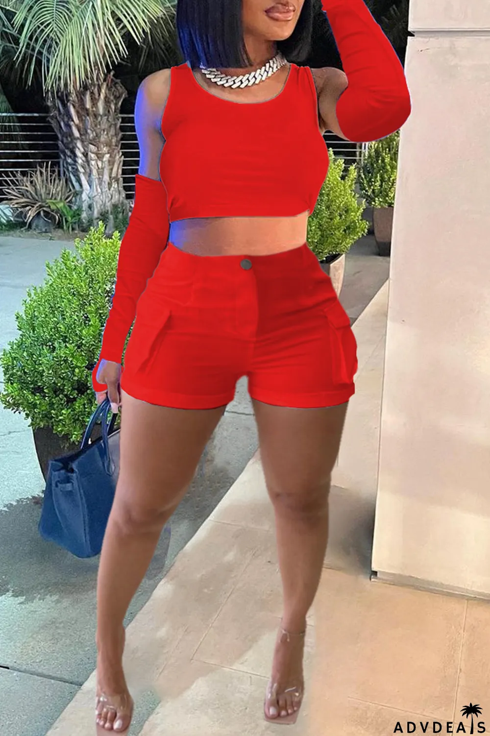 Khaki Casual Solid Basic O Neck Four Piece Set (With Sleeves)