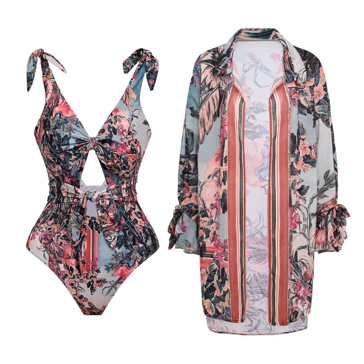 Printed Tie-shoulder Cutout One Piece Swimsuit and Cover Up Flaxmaker