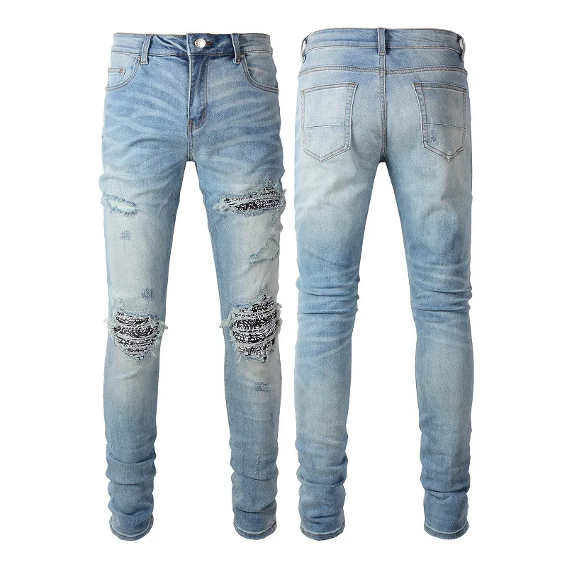 Men's Rapper Ripped Jeans Skinny Patchwork Ripped Biker Jeans