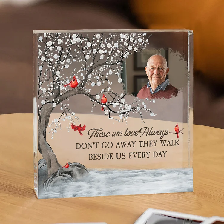 Custom 1 Photo Acrylic Memorial Plaque Cardinal Square Keepsake Personalized Gifts - Those We Love Always Don't Go Away, They Walk Beside Us Every Day