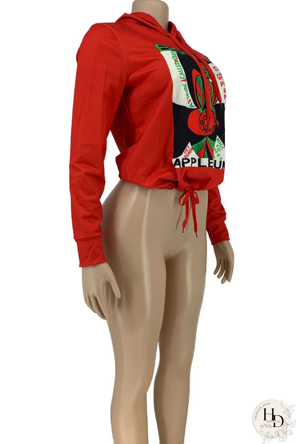Red Street Print Hooded Collar Mid Waist Tops