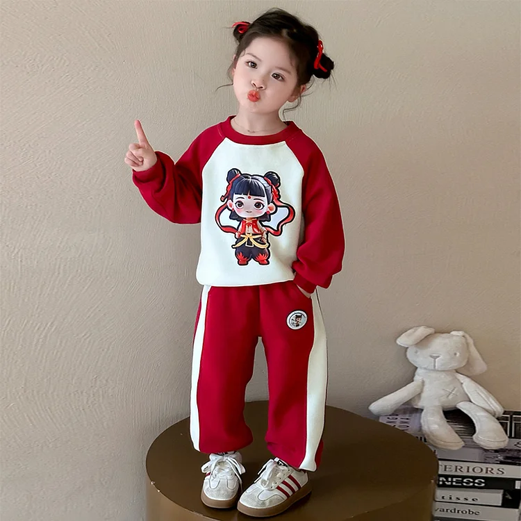 ラウンドネック 長袖 プルオーバー 切り替え トップス+パンツ 90-140cm 女の子 幼児 2点セットアップ