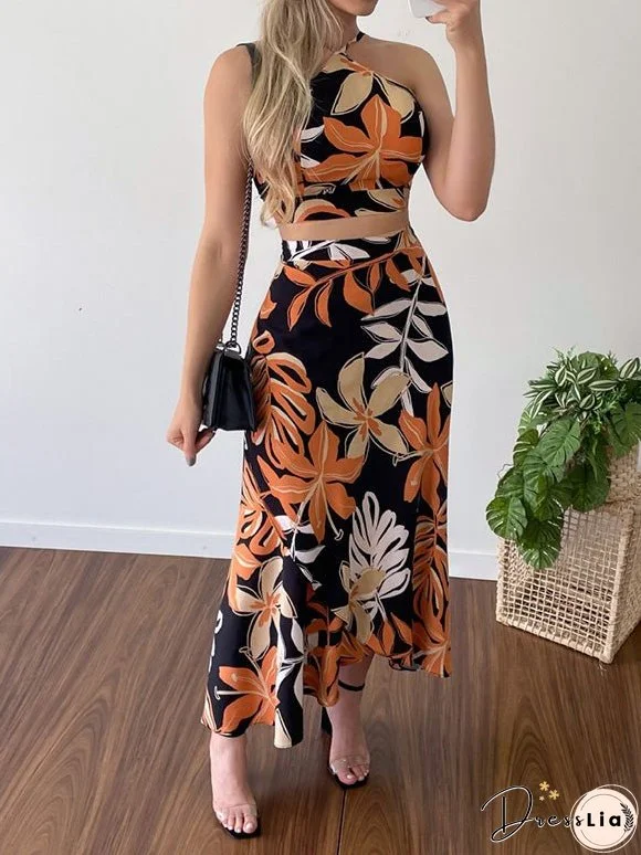 Women's Sets Printed Cropped Belted Tank Top & Skirt Two-Piece Set
