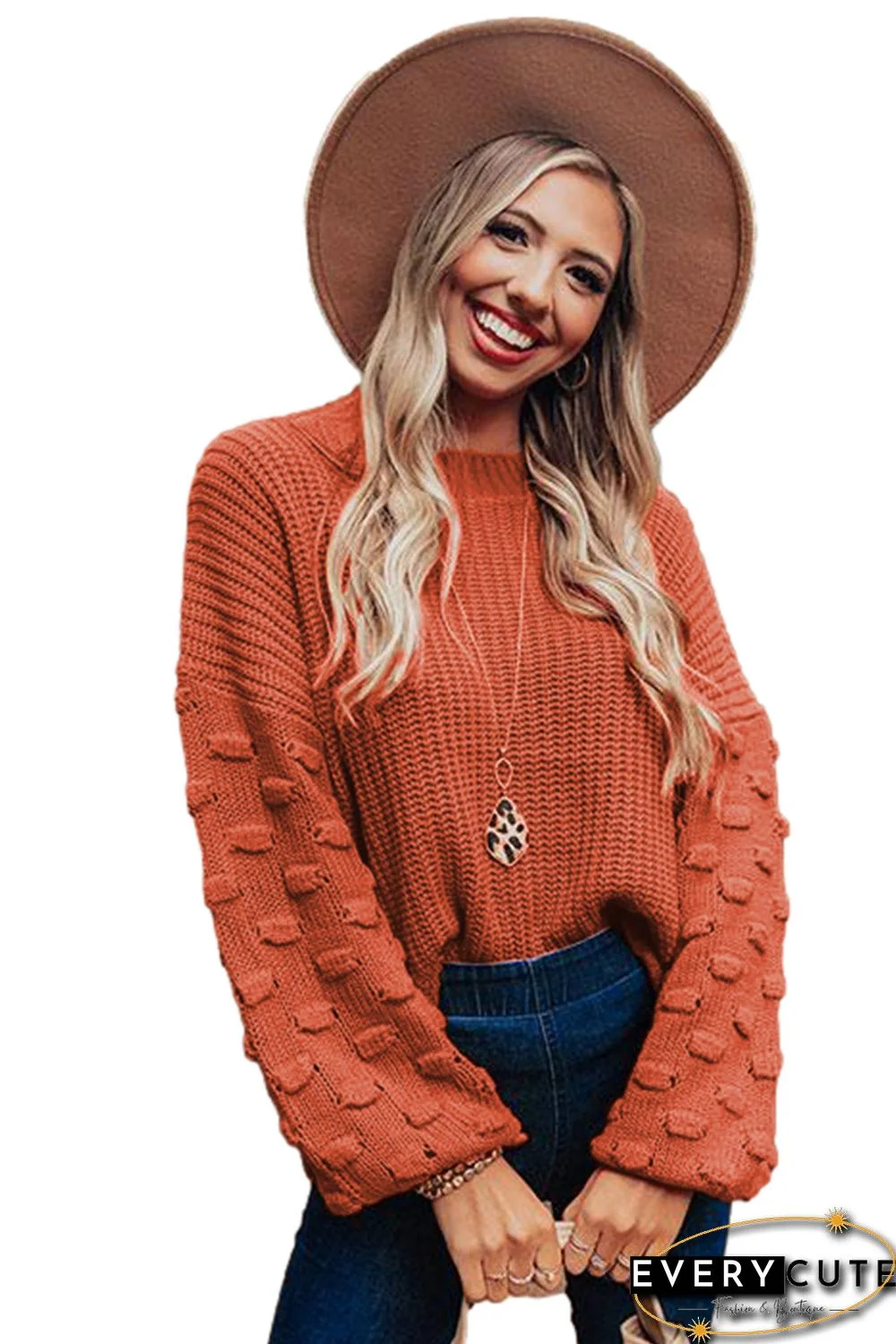 Brown Bubble Sleeve Cropped Knit Sweater